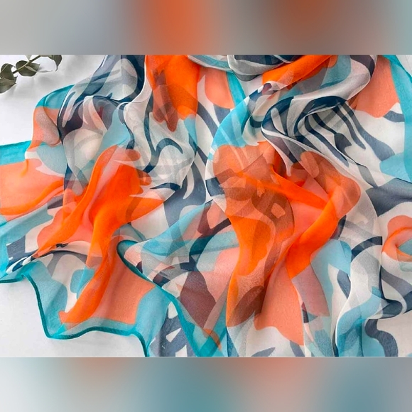 NWT Abstract Floral Scarf Orange Teal Navy Lightweight Shawl 63"x20" - Picture 2 of 7